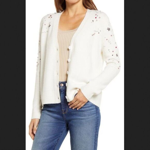 Halogen Ivory Embellished Cardigan Sweater Size XS - Picture 1 of 5